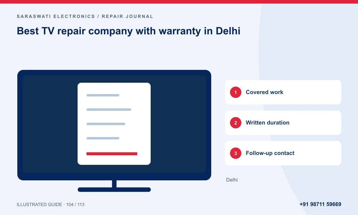 Illustrated guide to best TV repair company with warranty in Delhi: Covered work, Written duration, Follow-up contact