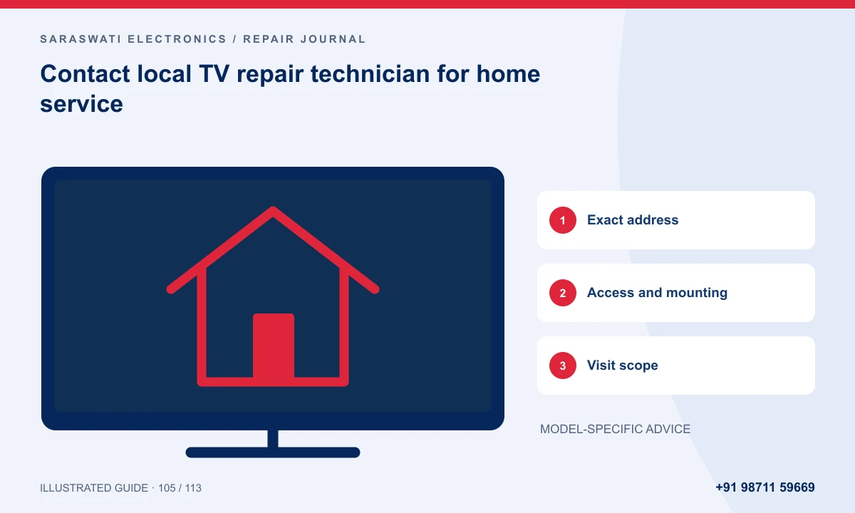 Illustrated guide to contact local TV repair technician for home service: Exact address, Access and mounting, Visit scope
