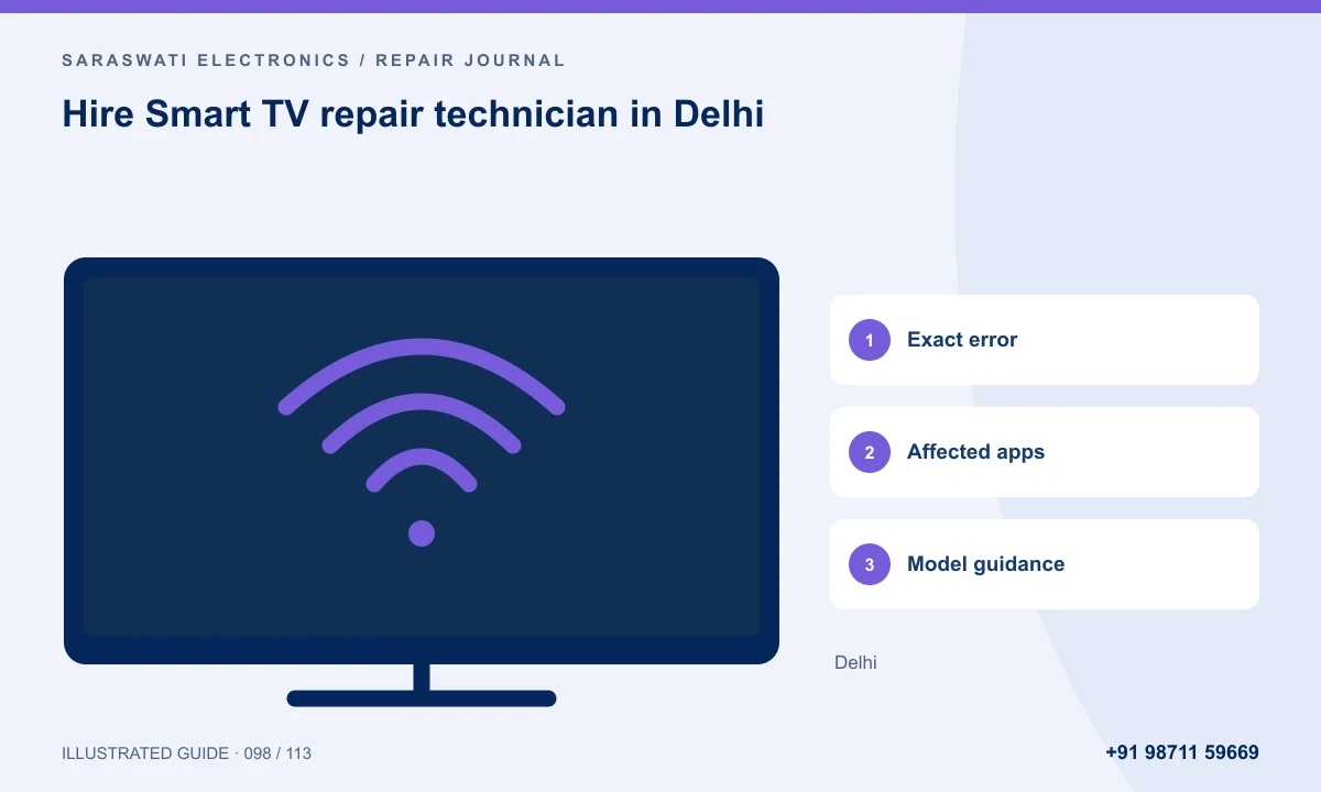 Illustrated guide to hire Smart TV repair technician in Delhi: Exact error, Affected apps, Model guidance