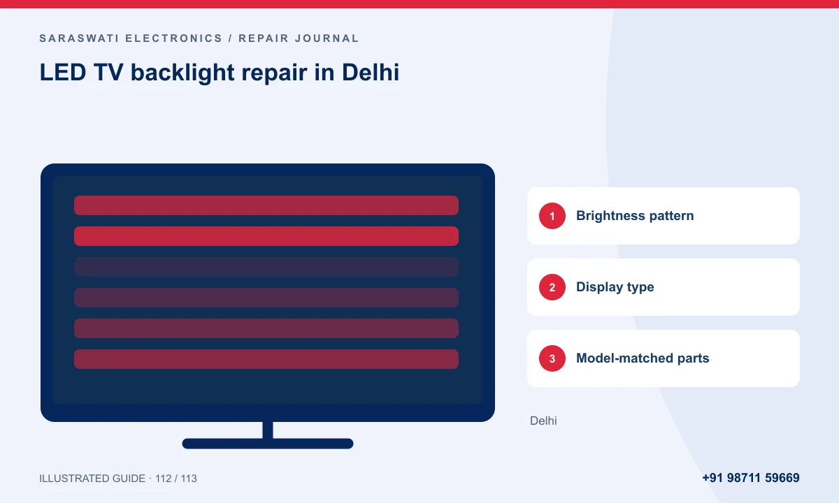 Illustrated guide to LED TV backlight repair in Delhi: Brightness pattern, Display type, Model-matched parts