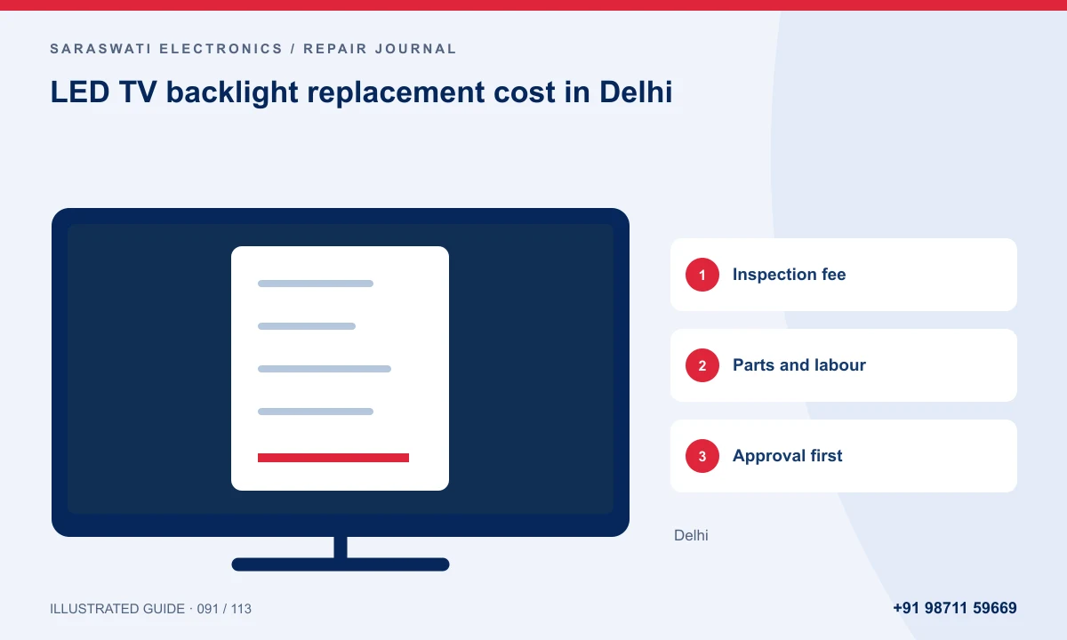 Illustrated guide to LED TV backlight replacement cost in Delhi: Inspection fee, Parts and labour, Approval first