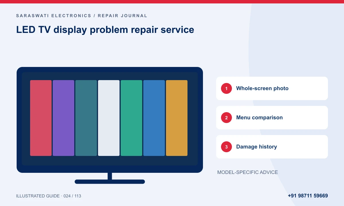 Illustrated guide to LED TV display problem repair service: Whole-screen photo, Menu comparison, Damage history
