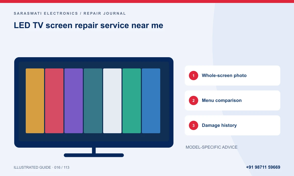 Illustrated guide to LED TV screen repair service near me: Whole-screen photo, Menu comparison, Damage history