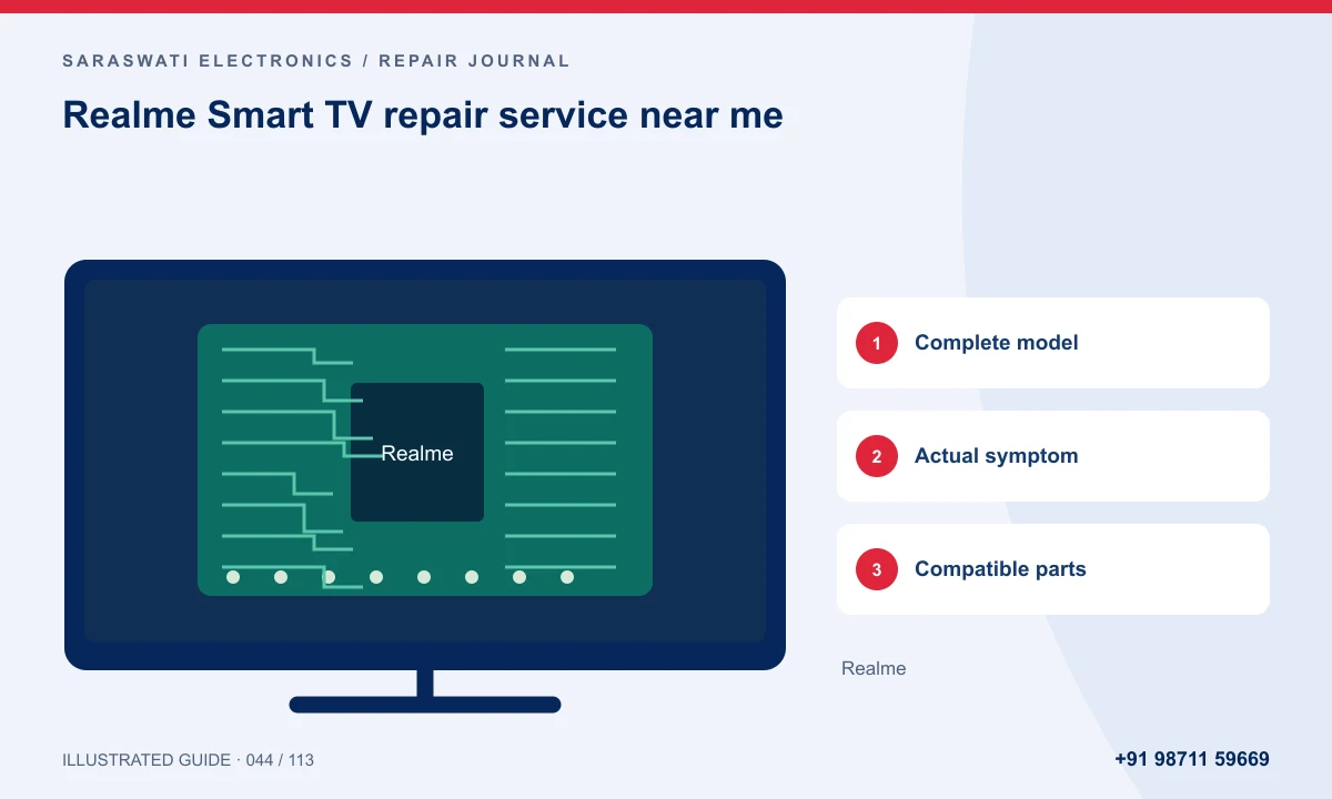 Illustrated guide to Realme Smart TV repair service near me: Complete model, Actual symptom, Compatible parts