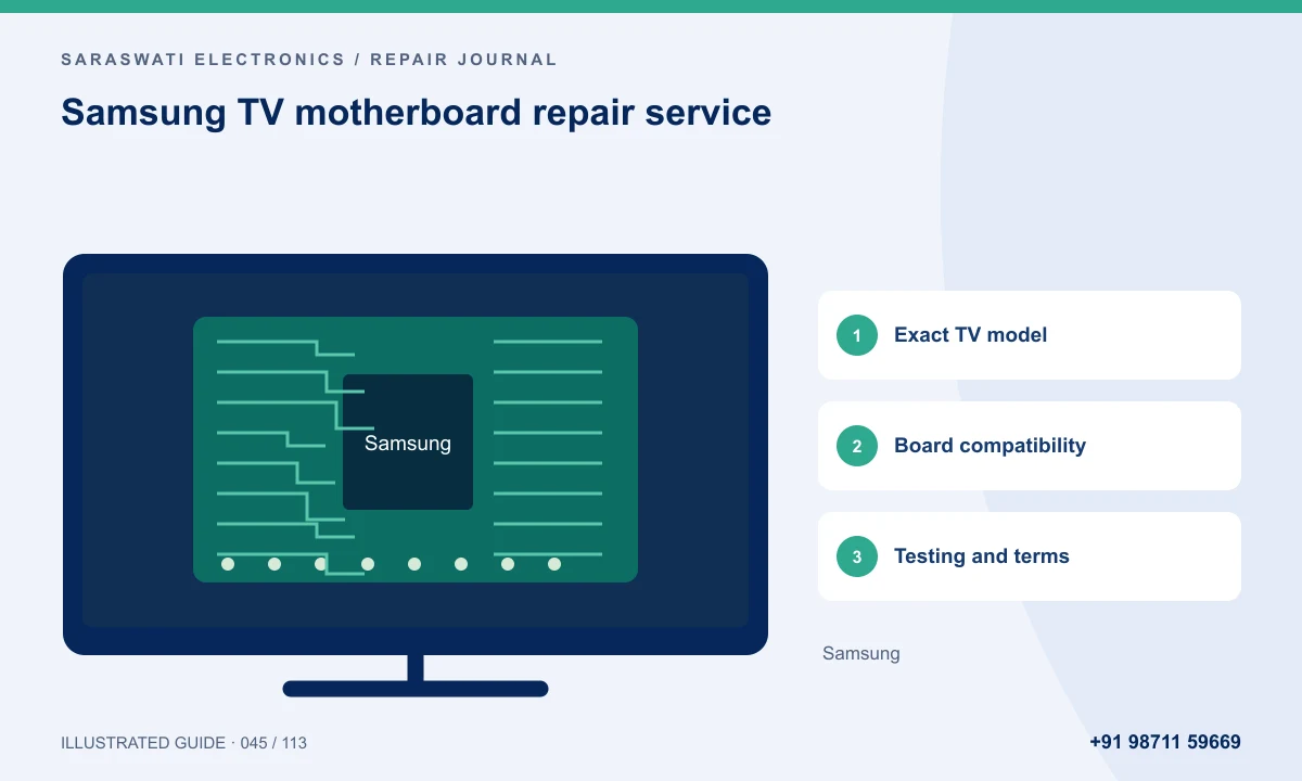 Illustrated guide to Samsung TV motherboard repair service: Exact TV model, Board compatibility, Testing and terms