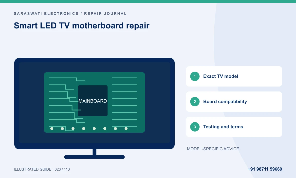 Illustrated guide to Smart LED TV motherboard repair: Exact TV model, Board compatibility, Testing and terms