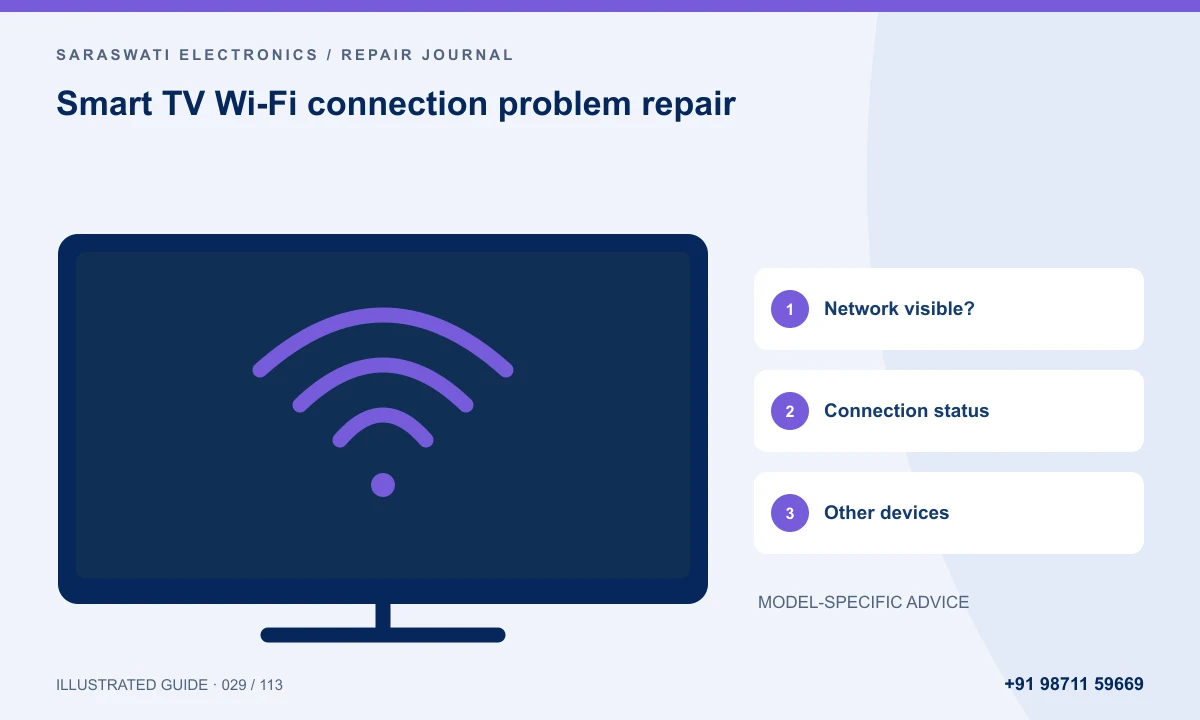 Illustrated guide to Smart TV Wi-Fi connection problem repair: Network visible?, Connection status, Other devices