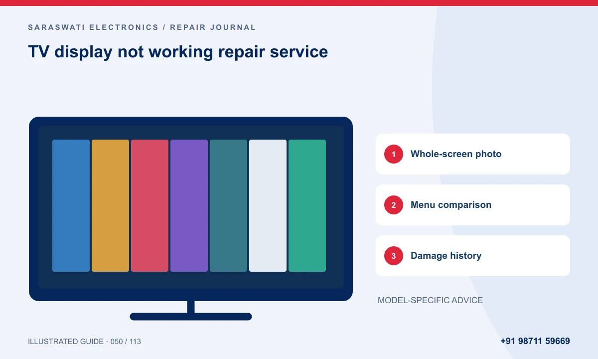 Illustrated guide to TV display not working repair service: Whole-screen photo, Menu comparison, Damage history