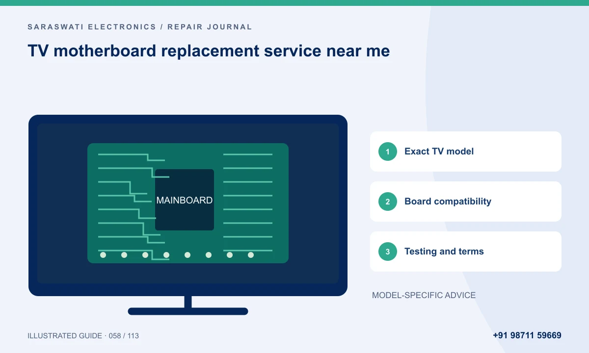 Illustrated guide to TV motherboard replacement service near me: Exact TV model, Board compatibility, Testing and terms