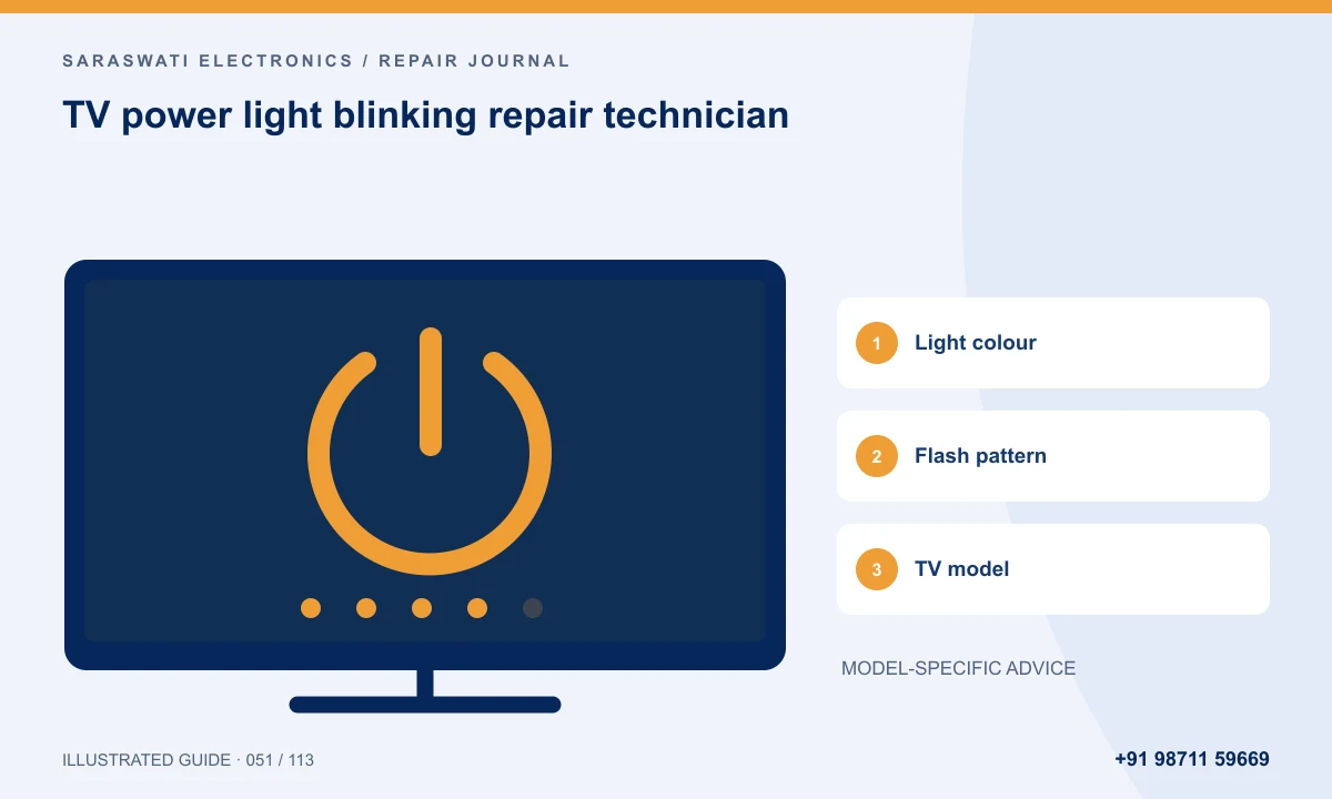 Illustrated guide to TV power light blinking repair technician: Light colour, Flash pattern, TV model