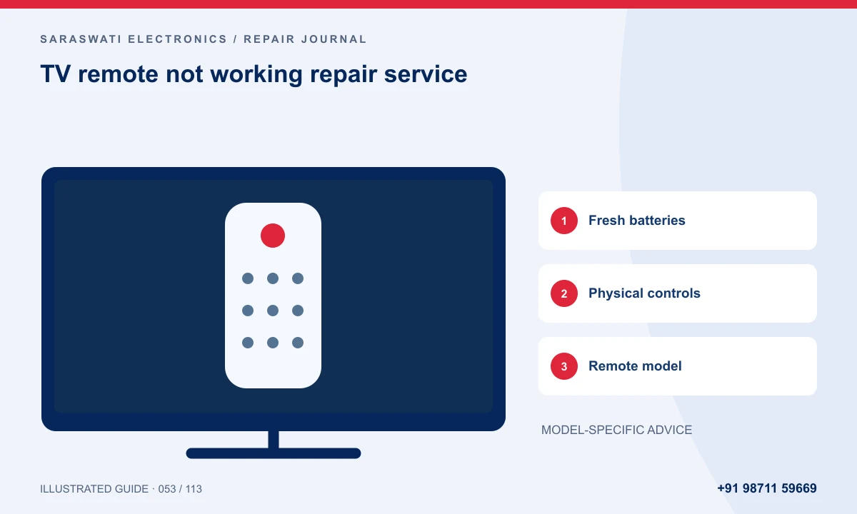Illustrated guide to TV remote not working repair service: Fresh batteries, Physical controls, Remote model