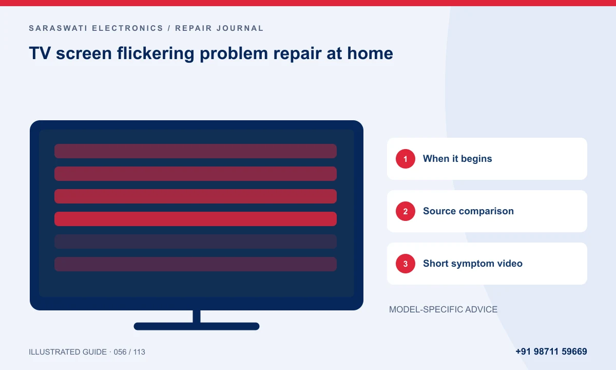 Illustrated guide to TV screen flickering problem repair at home: When it begins, Source comparison, Short symptom video