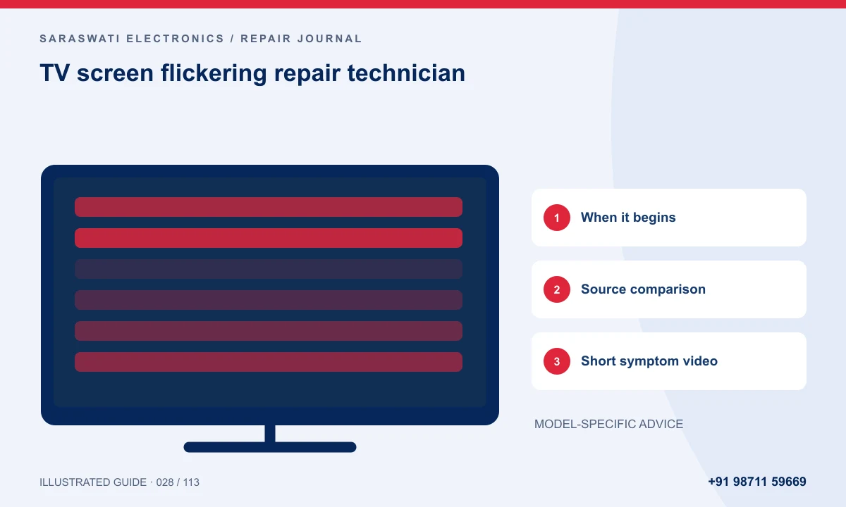 Illustrated guide to TV screen flickering repair technician: When it begins, Source comparison, Short symptom video