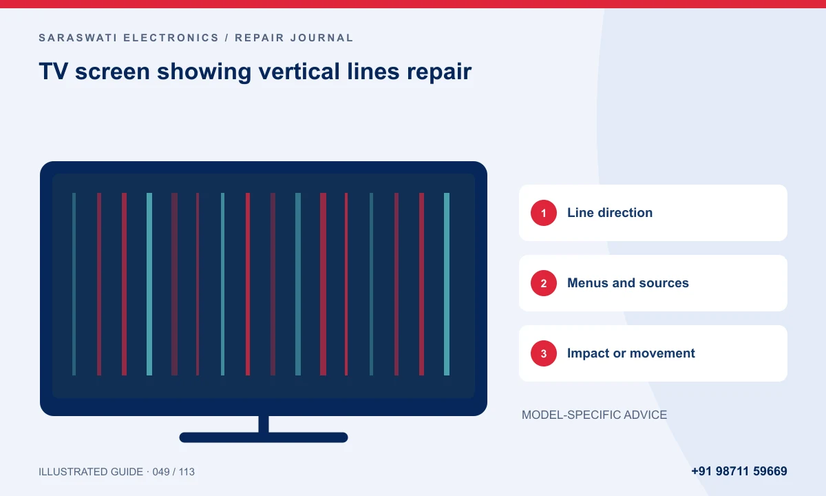 Illustrated guide to TV screen showing vertical lines repair: Line direction, Menus and sources, Impact or movement