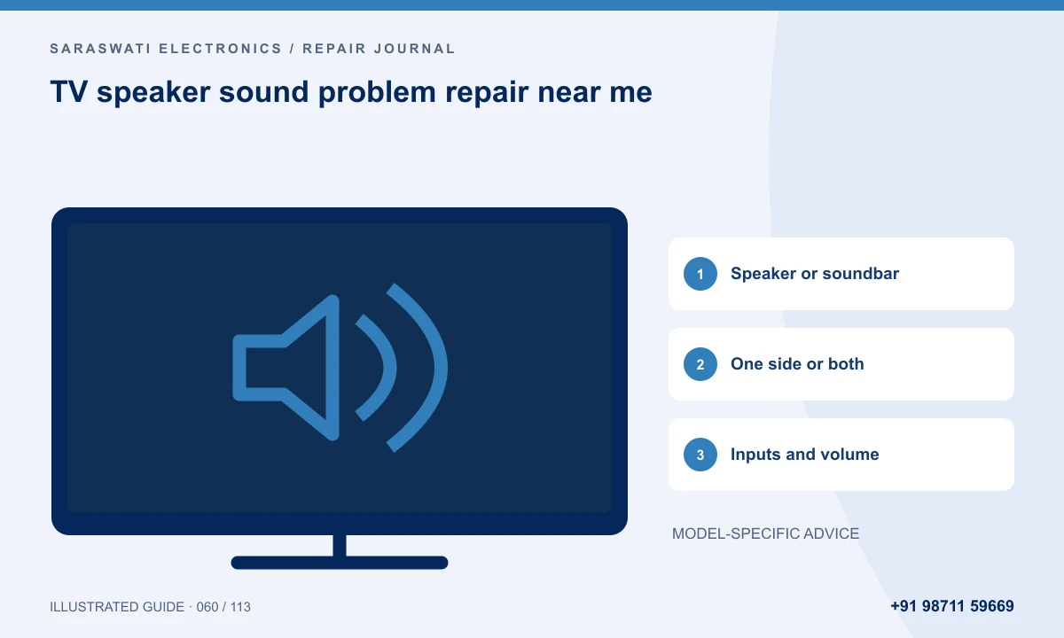 Illustrated guide to TV speaker sound problem repair near me: Speaker or soundbar, One side or both, Inputs and volume