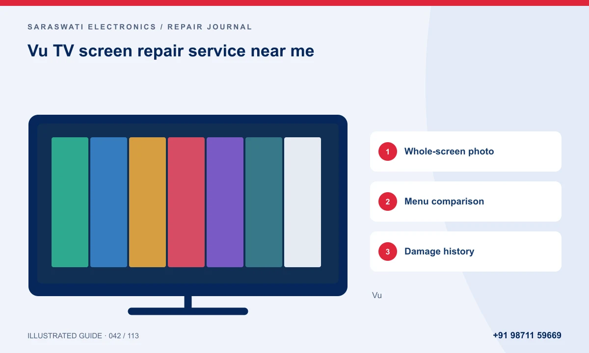 Illustrated guide to Vu TV screen repair service near me: Whole-screen photo, Menu comparison, Damage history